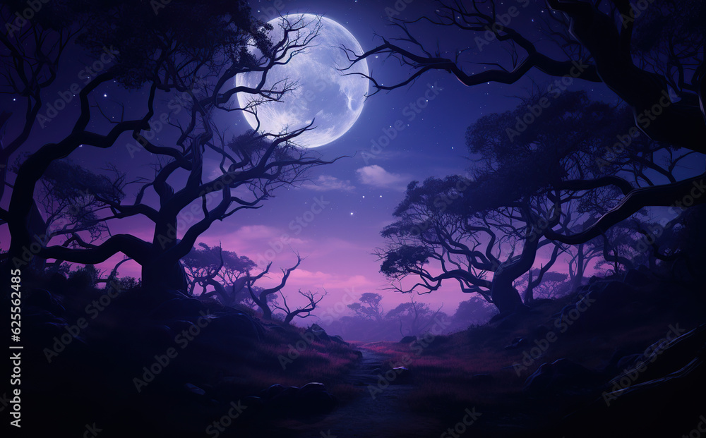 Fototapeta premium halloween purple background with spooky leafless tree full moon in the night sky Generative AI