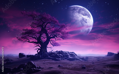 halloween purple background with spooky leafless tree full moon in the night sky Generative AI © Paula