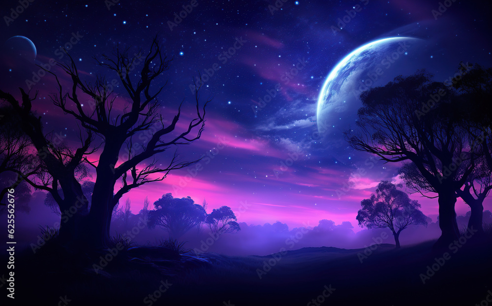halloween purple background with spooky leafless tree full moon in the night sky Generative AI