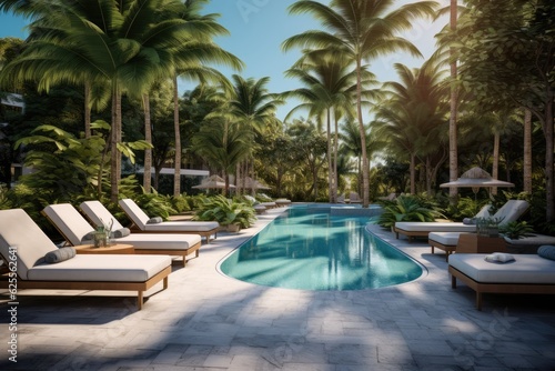A pool of grandeur with comfortable loungers for tranquil rest and rejuvenation, encircled by lush trees and under an azure sky in the city of Miami. © 2rogan
