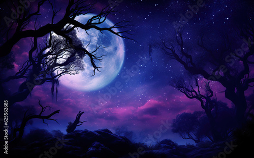 halloween purple background with spooky leafless tree full moon in the night sky Generative AI