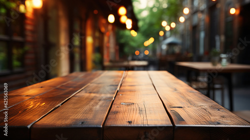 a front view of a dark rustic brown  empty wooden table for product placement with blurry background  serving as a blank wood table mockup  Ai generative 