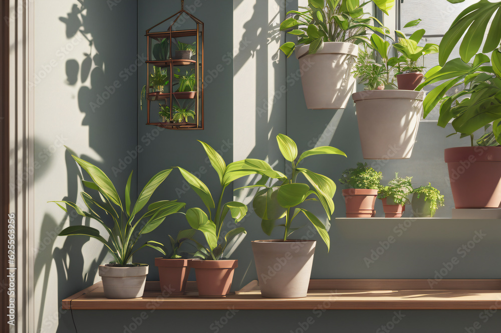 Indoor Houseplant in Green Flowerpot by Window. Fresh foliage in a window with botanical houseplants created with Generative AI technology Indoor Houseplant in Green Flowerpot by Window. Fresh foliage in a window with botanical houseplants created with Generative AI technology