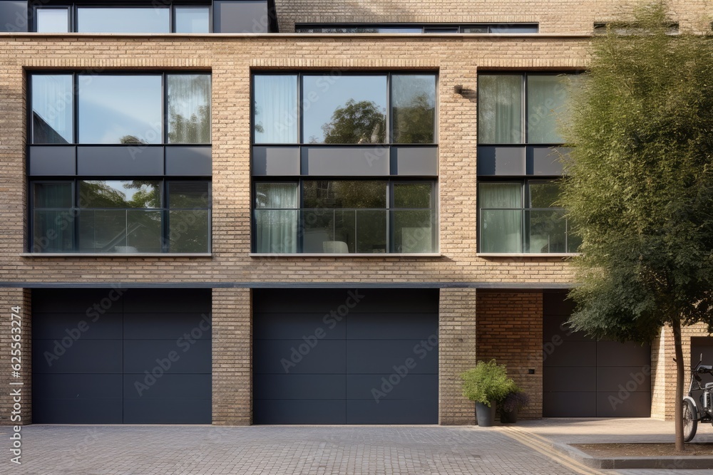 A contemporary parking facility is incorporated into a residential brick house, featuring sleek grey roller shutters on its gates. The garages have shut doors.