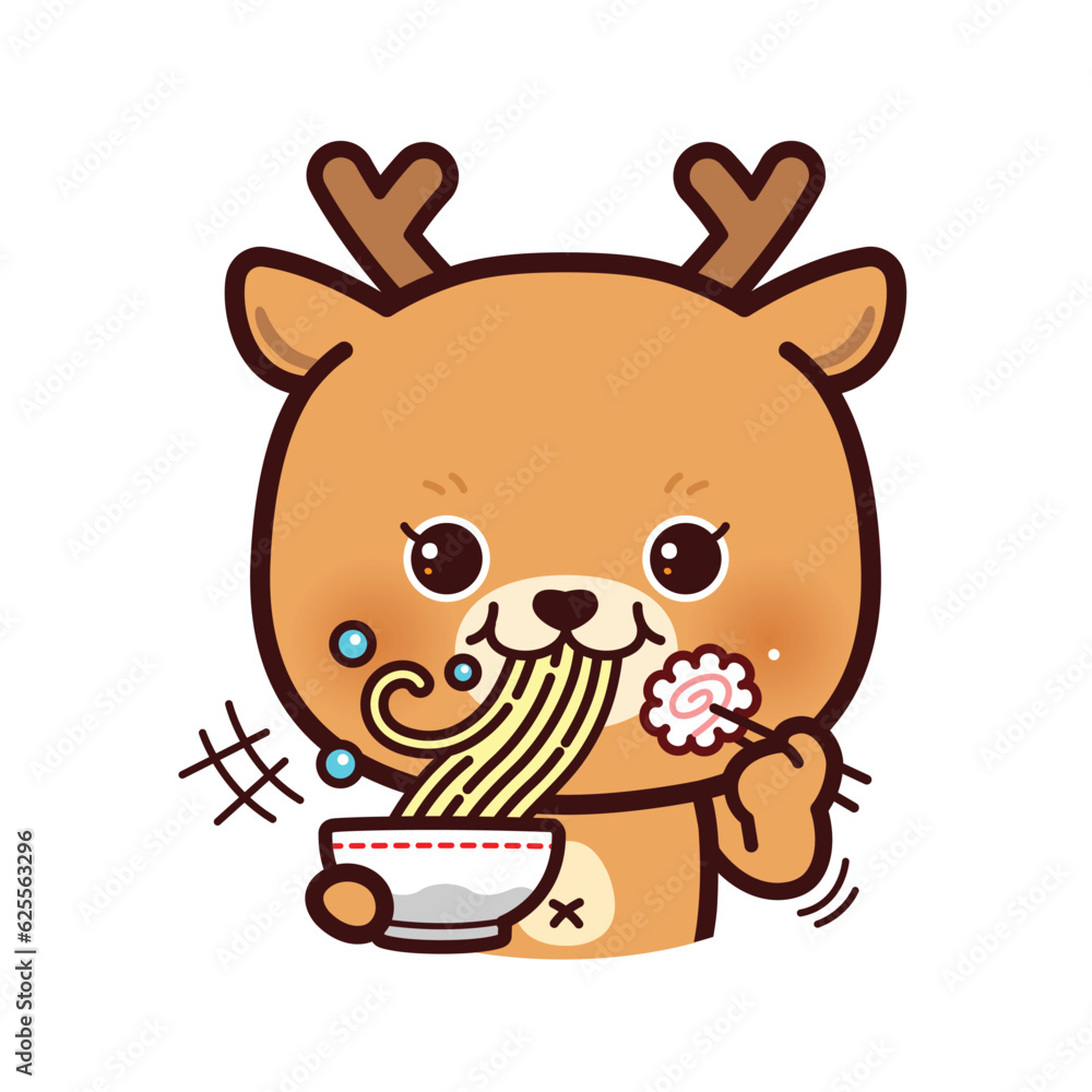 Cute Little Deer Eating Ramen Noodles. Kawaii Vector Cute Little Deer Eating Ramen Noodles. Kawaii Vector