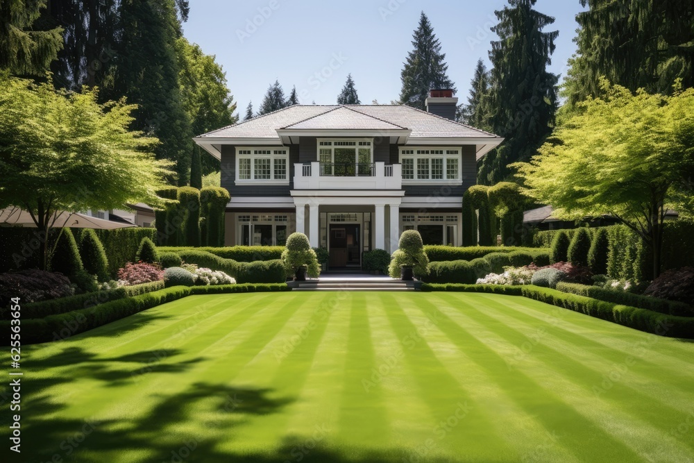 A meticulously designed high end residence, tailor made to perfection, showcasing an impeccably maintained and aesthetically pleasing garden, enclosed by a well manicured lawn, situated in a A meticulously designed high end residence, tailor made to perfection, showcasing an impeccably maintained and aesthetically pleasing garden, enclosed by a well manicured lawn, situated in a