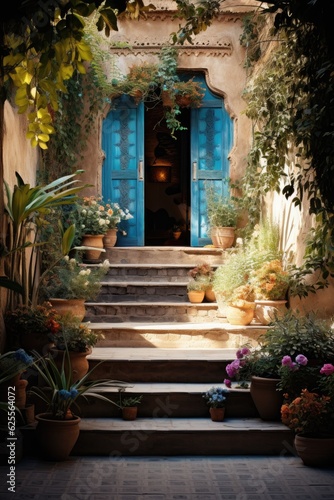 Steps leading to open door and potted plants. French countryside. Generative AI © piai