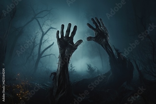 Zombie hand rising out of a graveyard in spooky night. Halloween concept