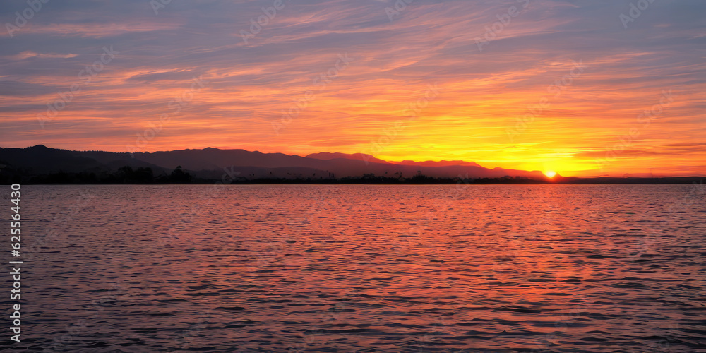 Sunset over the sea, river, orange clouds, burning sky, panorama
