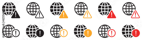 Set of internet warning icons. Global alert, world warning error symbols. Global network warning signs, globe with exclamation mark. Earth logo, circle and triangle attention sign.