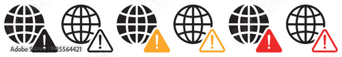Set of internet warning icons. Global alert, world warning error symbols. Global network warning signs, globe with exclamation mark. Earth logo, circle and triangle attention sign.