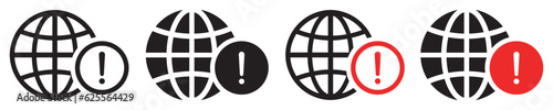 Set of internet warning icons. Global alert, world warning error symbols. Global network warning signs, globe with exclamation mark. Earth logo, circle and triangle attention sign.