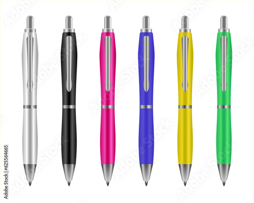 Set colored ballpoint pens isolated on white background, vector illustration. School supplies. Pink, blue, yellow and green ballpoint pens. Realistic writing utensils for advertising