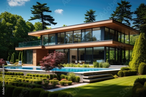 A contemporary home featuring cedar paneling, a flat roof, large picture windows showcasing the blue sky, and surrounded by beautifully landscaped greenery.