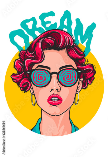 retro hirstyle girl in hippie glasses 70s vector illustration white background