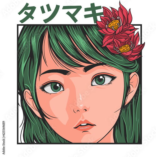 cute japanese girl wearing red flower on ear vector illustration white background