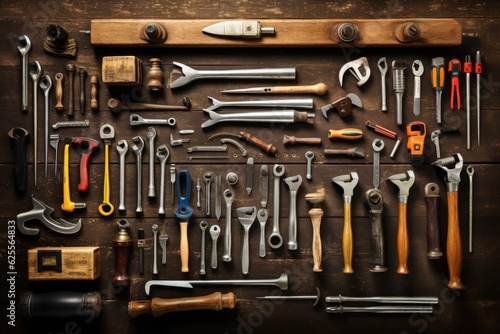 Tools arranged neatly on a wooden surface in a close up view.