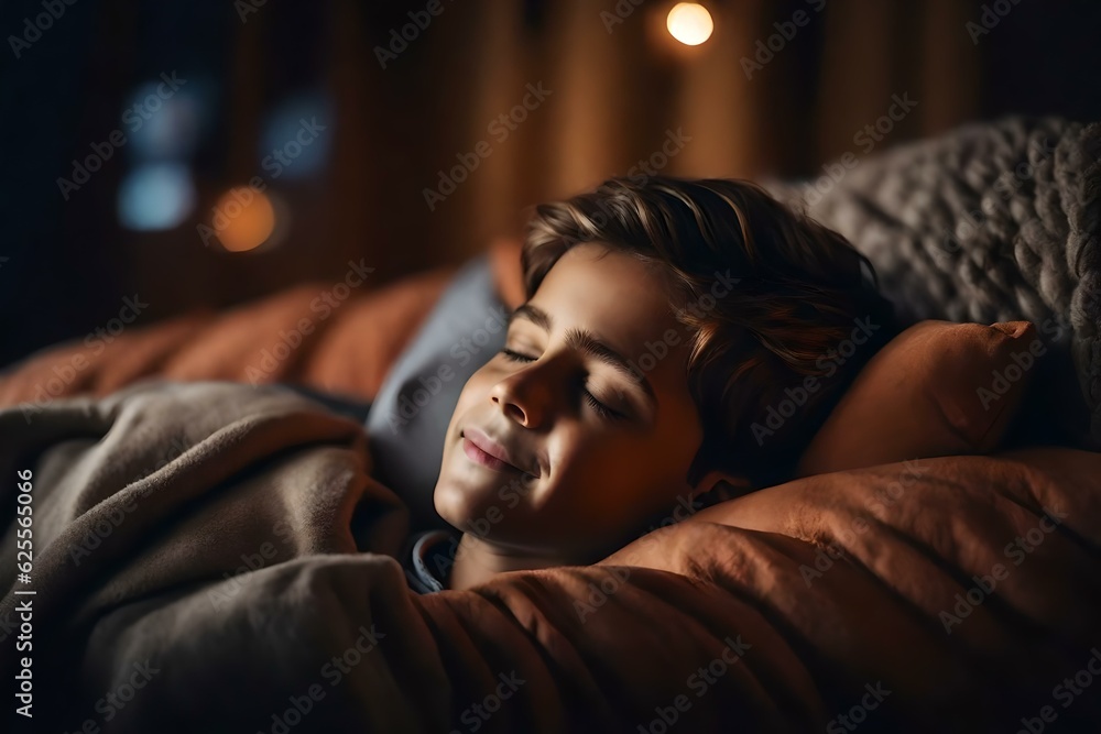 a young boy sleeping in a cozy bed with soft pillows and warm blankets. a young boy sleeping in a cozy bed with soft pillows and warm blankets.