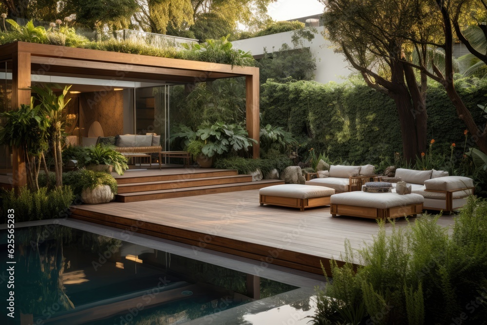 A garden and terrace adorned with a swimming pool for domestic use.