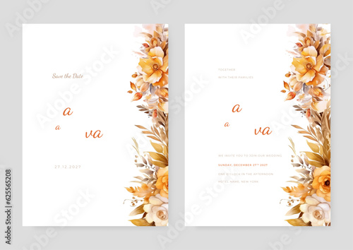 wedding invitation, thank you,details,menu,welcome,boho,minimal template design with watercolor pink leaf and branch, watercolor invitation, beautiful floral wreath.