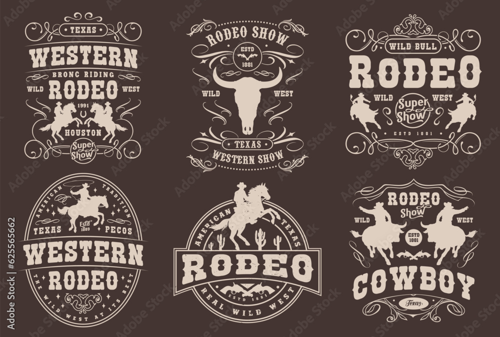 Western rodeo set flyers monochrome