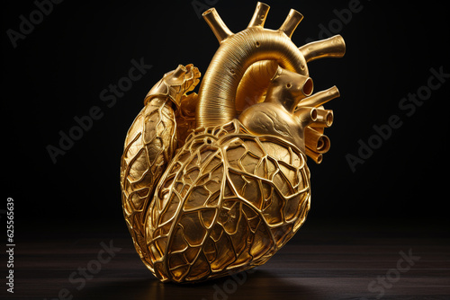 Human anatomy, health care concept. Illustration of human heart made of gold on black background. Generative AI