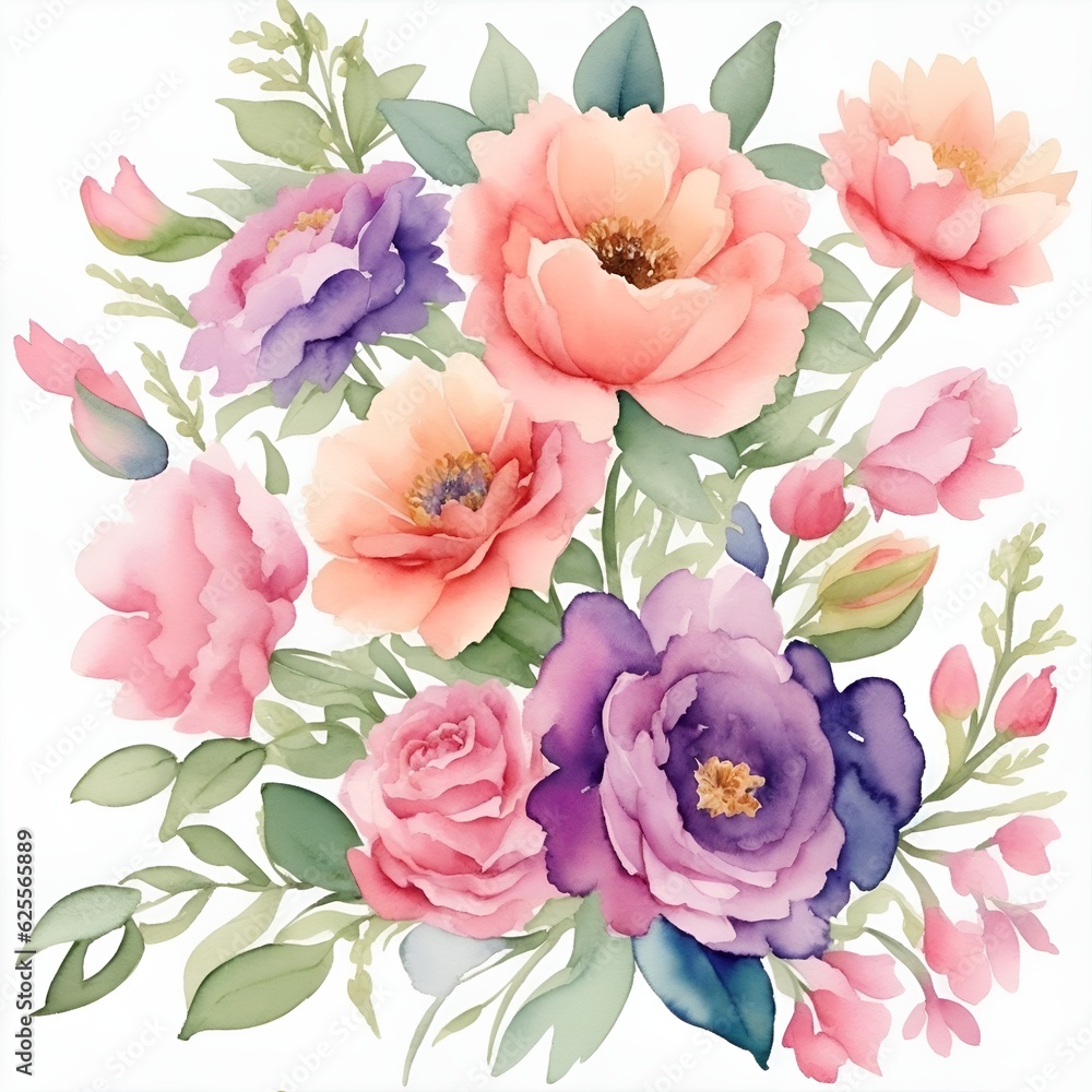 Bouquet of delicate flowers in pastel colors on a white background, watercolor. Ai generative