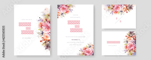 wedding invitation, thank you,details,menu,welcome,boho,minimal template design with watercolor pink leaf and branch, watercolor invitation, beautiful floral wreath.