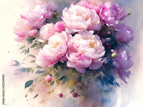 Bouquet of delicate flowers, peonies in pastel colors on a white background, watercolor