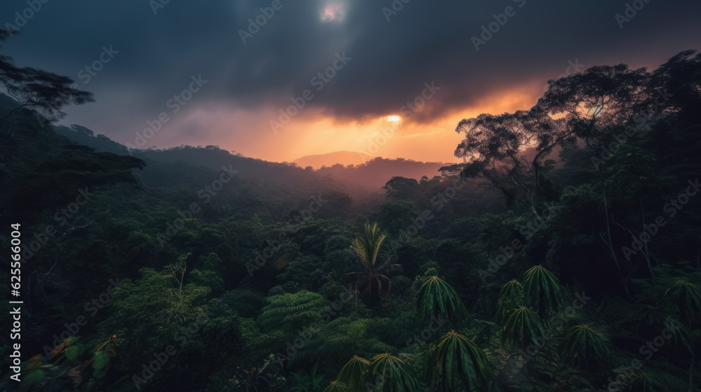 Rainforest with stormy clouds