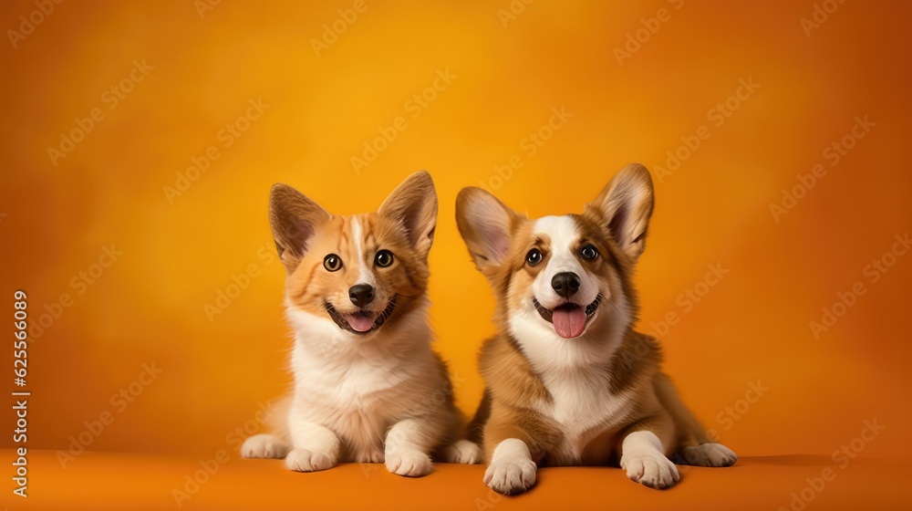 Puppies together on orange background Puppies together on orange background