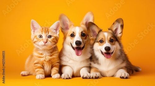 Kitten and puppy together on orange background