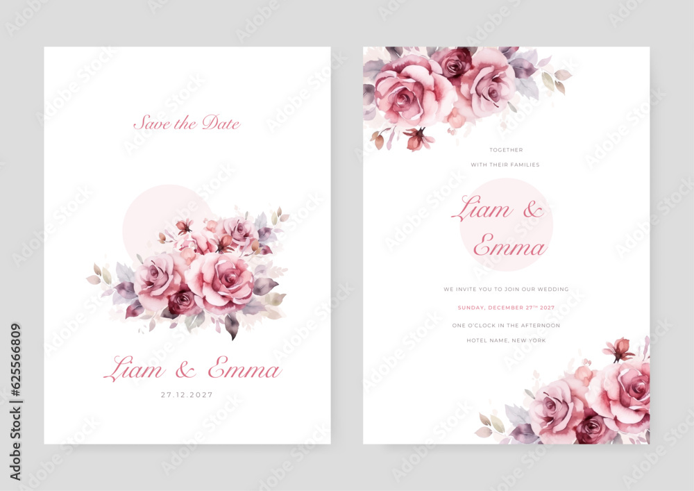 wedding invitation, thank you,details,menu,welcome,boho,minimal template design with watercolor pink leaf and branch, watercolor invitation, beautiful floral wreath.
