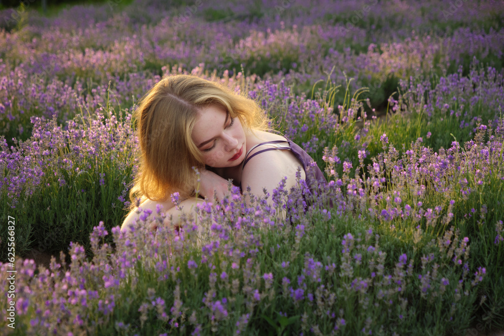 beautiful blonde girl with long hair on a lavender field in the evening beautiful blonde girl with long hair on a lavender field in the evening