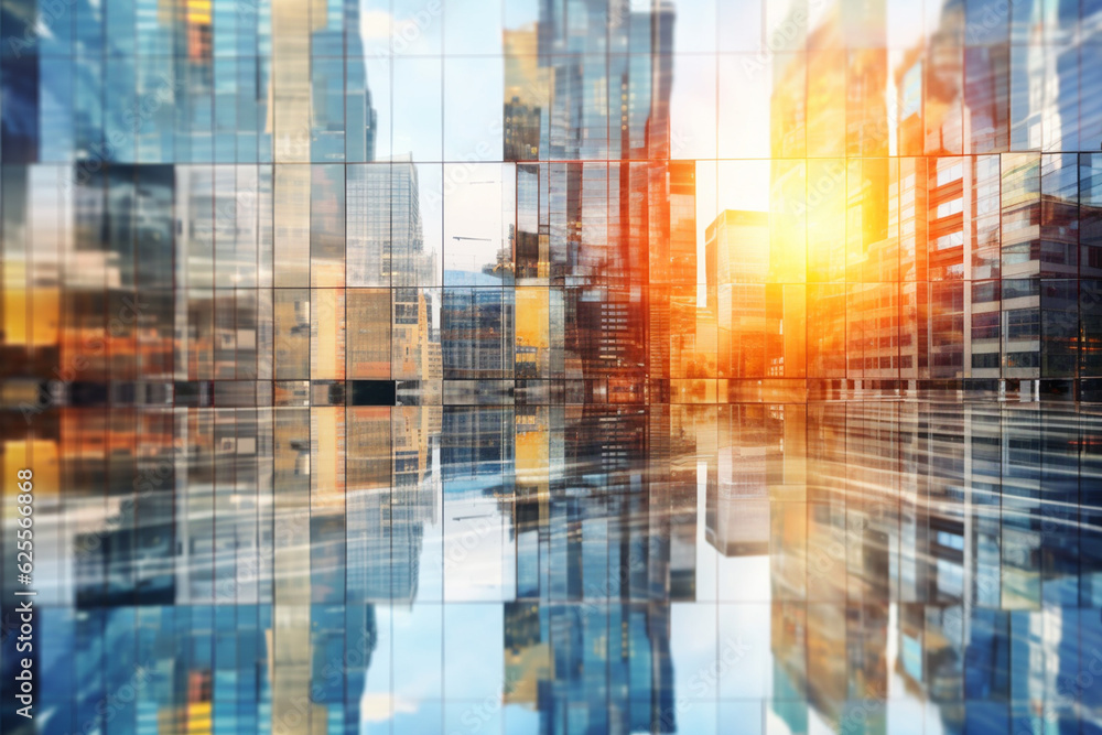 Abstract city background with skyscrapers and reflections. Double exposure. business concept.