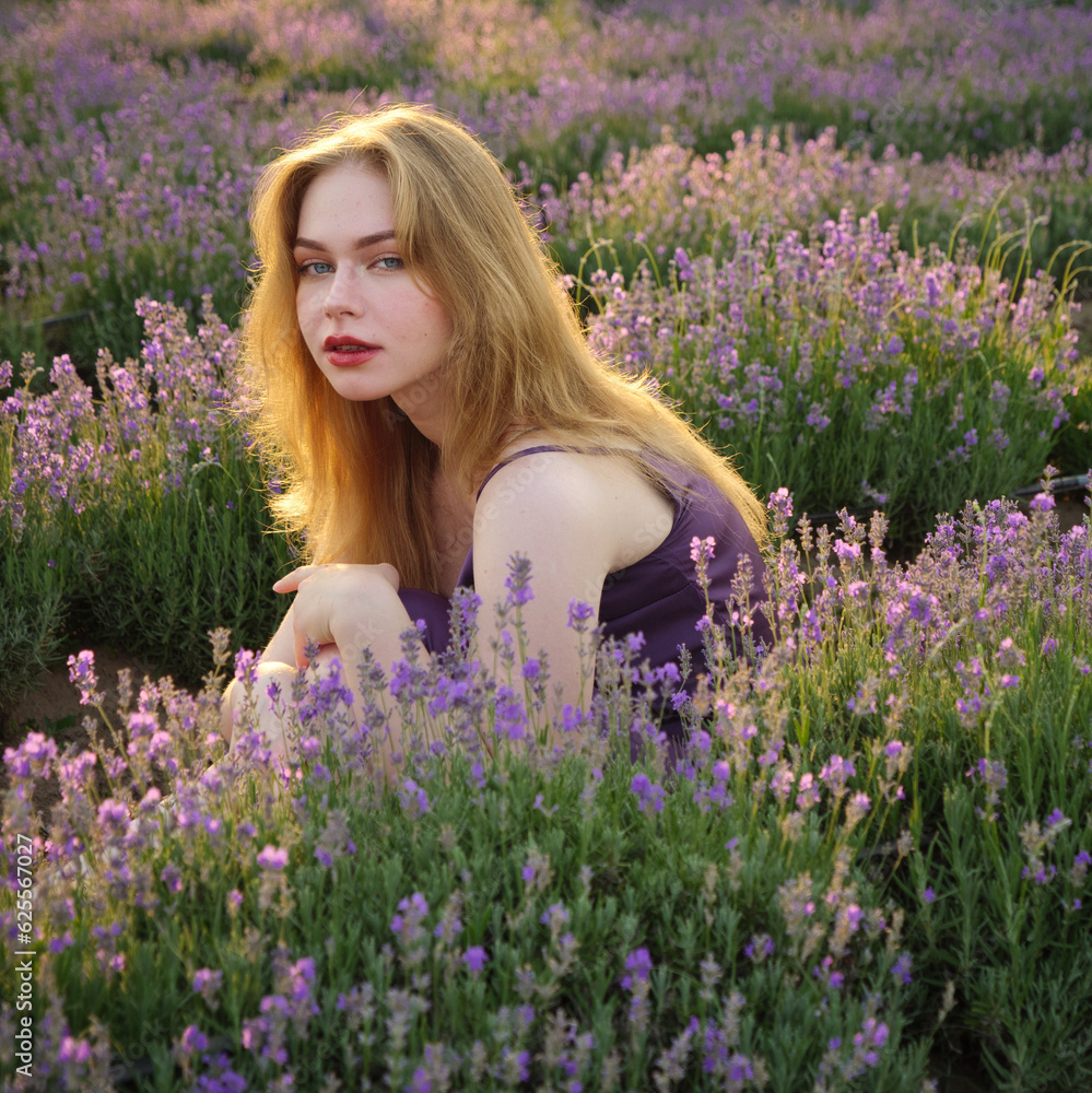 beautiful blonde girl with long hair on a lavender field in the evening beautiful blonde girl with long hair on a lavender field in the evening
