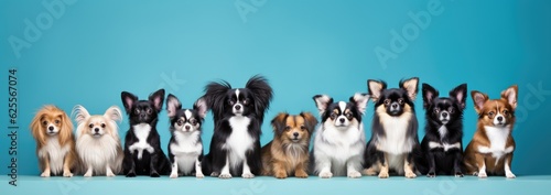 Team group row of dogs taking a selfie isolated on blue background, smile and happy snapshot