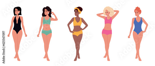 Diverse woman in underwear. Women of different beauty, hair, skin color. Women in swimsuits, group portrait. Young beautiful multiethnic women of different nationalities. Diversity, multi-ethnic