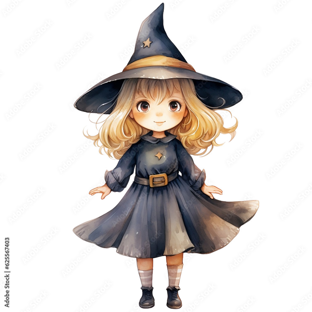 little witch with golden long hair on a transparent background