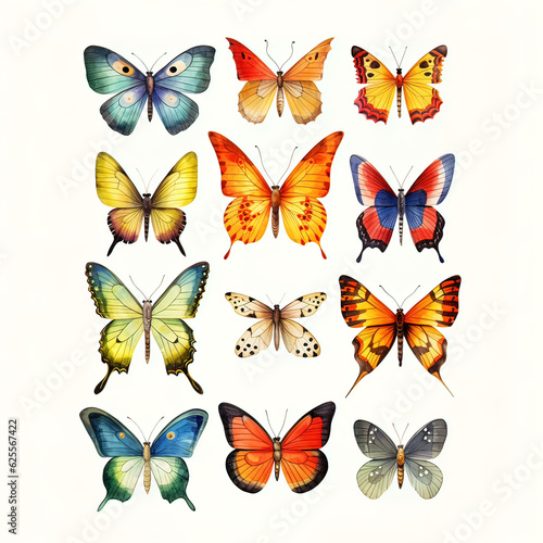 watercolor illustrations of different types of butterflies made with AI © Vian