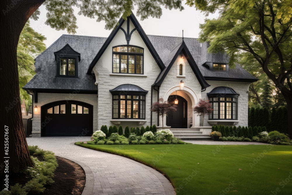 The front of a sophisticated, English style detached residence.