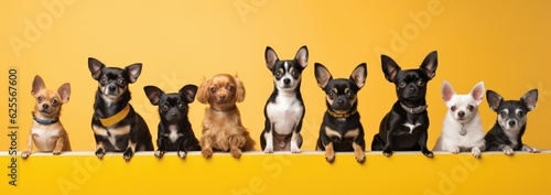 Team group row of dogs taking a selfie isolated on yellow background, smile and happy snapshot