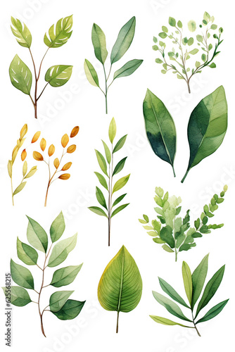 watercolor paintings of different types of leaves made with AI
