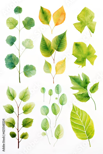 watercolor paintings of different types of leaves made with AI