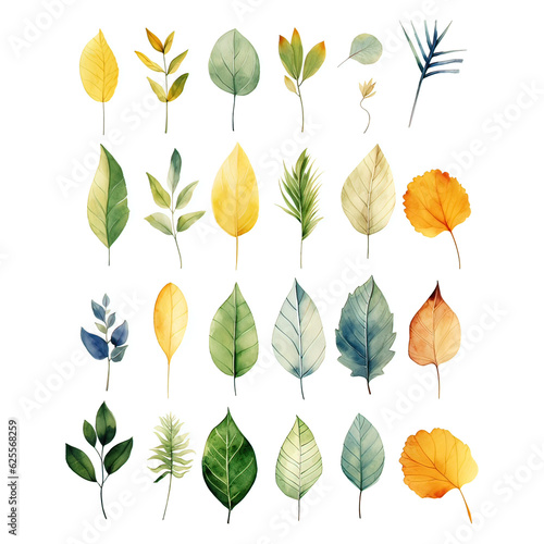 watercolor paintings of different types of leaves made with AI