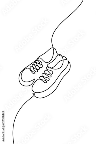 Sport shoes in continuous line art drawing style. A pair of sneakers black linear sketch isolated on white background. Vector illustration