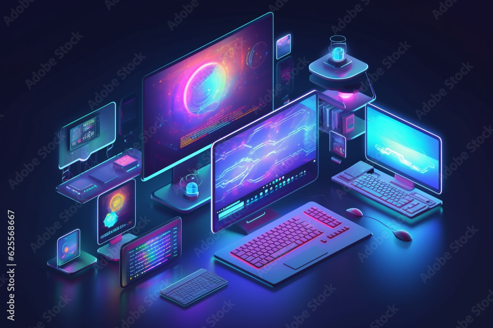 Isometric laptop, smartphone, tablet and other gadgets on a blue background.