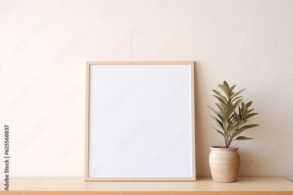 Home interior poster mock up with wooden frame and plant on light biege wall background. Modern home decor. Ready to use template Home interior poster mock up with wooden frame and plant on light biege wall background. Modern home decor. Ready to use template