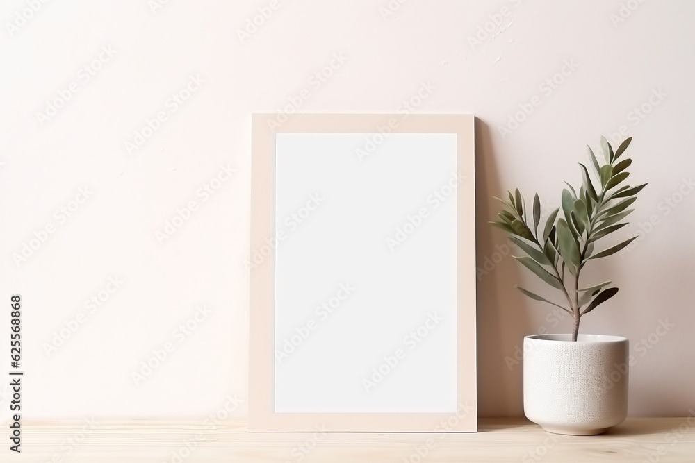 Home interior poster mock up with wooden frame and plant on white wall background. Modern home decor. Ready to use template Home interior poster mock up with wooden frame and plant on white wall background. Modern home decor. Ready to use template