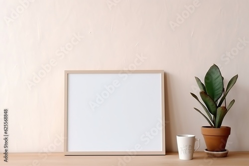 Home interior poster mock up with wooden frame and plant on light biege wall background. Modern home decor. Ready to use template